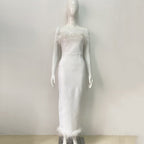 Feather Trim Strapless Midi Dress H5431