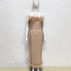 Feather Trim Strapless Midi Dress H5431
