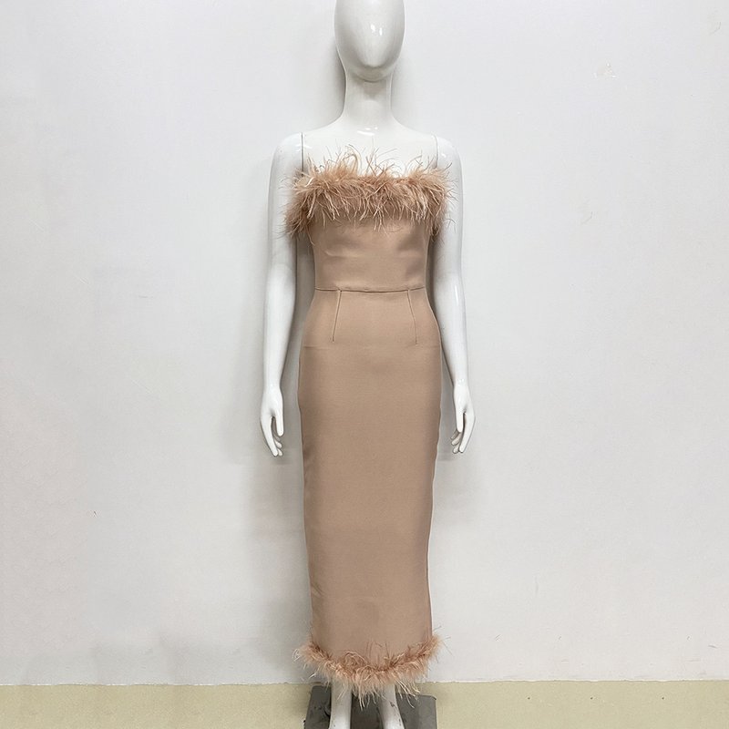 Feather Trim Strapless Midi Dress H5431