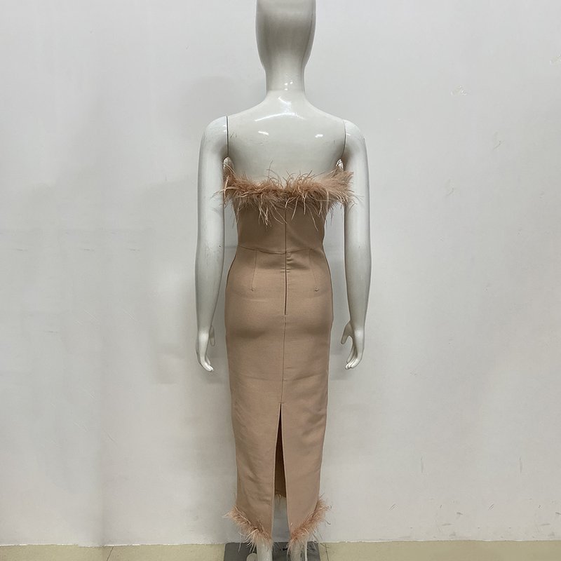 Feather Trim Strapless Midi Dress H5431
