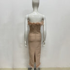 Feather Trim Strapless Midi Dress H5431