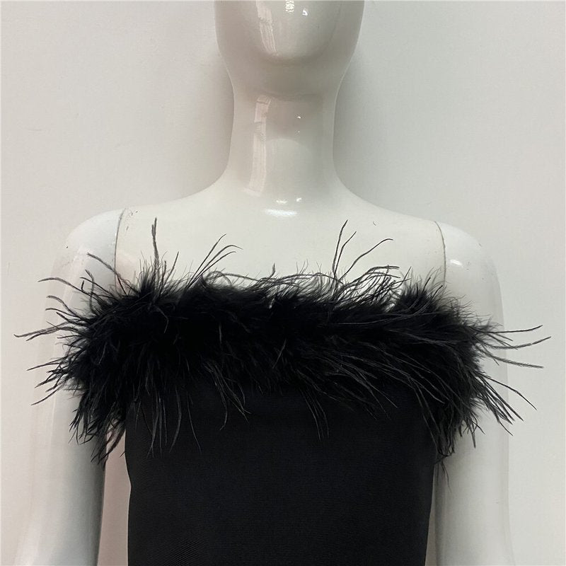 Feather Trim Strapless Midi Dress H5431