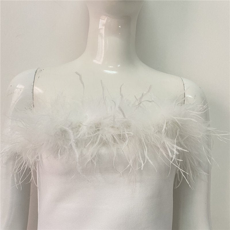 Feather Trim Strapless Midi Dress H5431