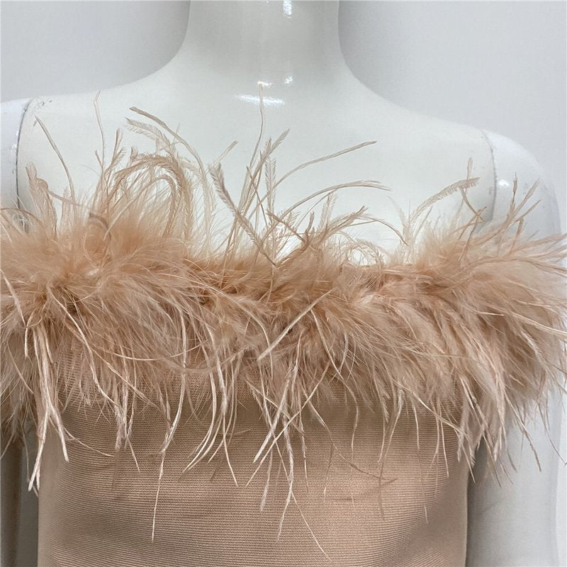 Feather Trim Strapless Midi Dress H5431