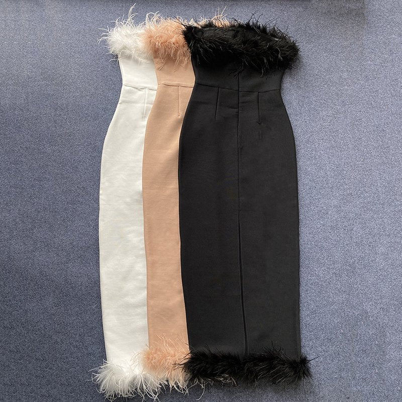 Feather Trim Strapless Midi Dress H5431