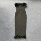 Feather Trim Strapless Midi Dress H5431