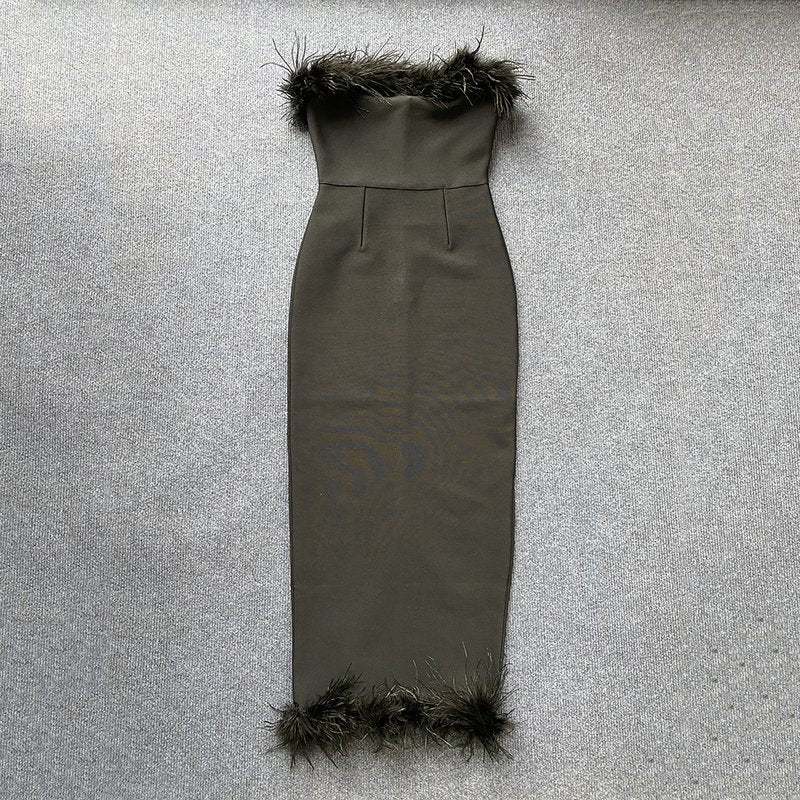 Feather Trim Strapless Midi Dress H5431