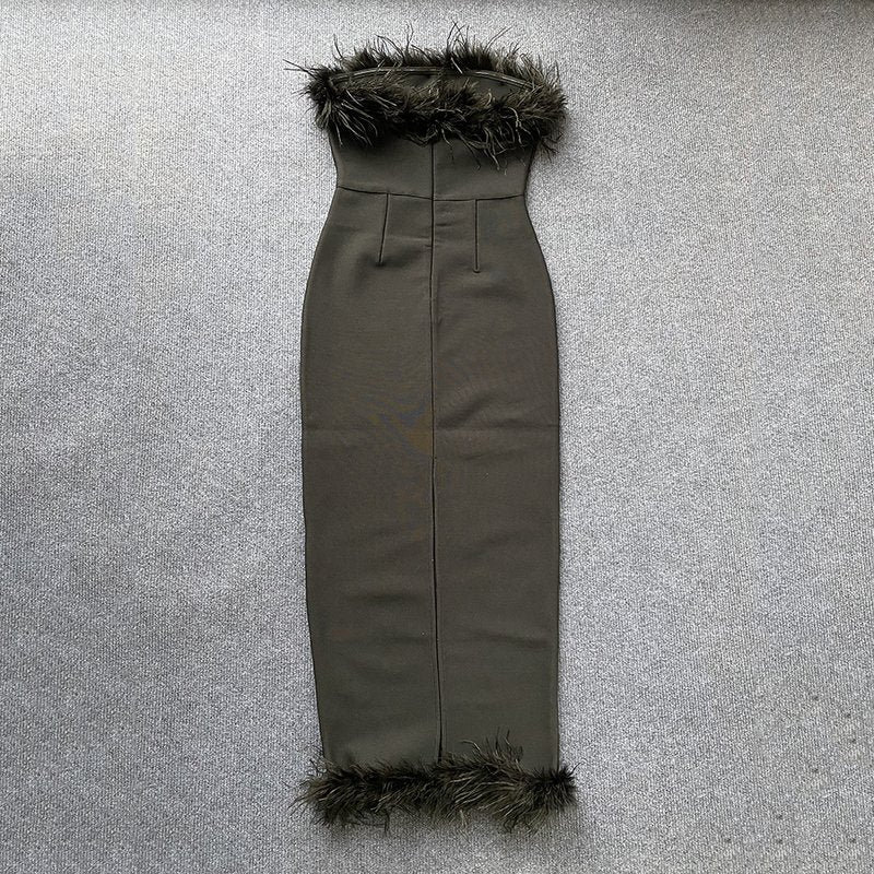 Feather Trim Strapless Midi Dress H5431
