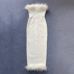 Feather Trim Strapless Midi Dress H5431