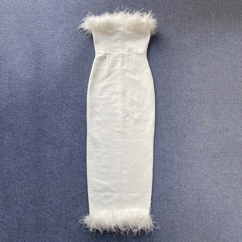 Feather Trim Strapless Midi Dress H5431