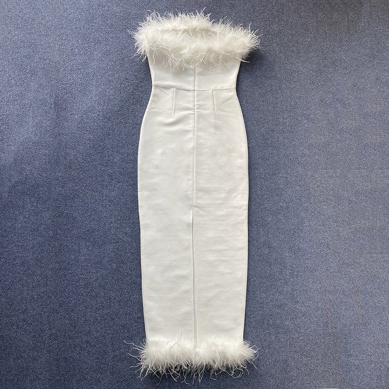 Feather Trim Strapless Midi Dress H5431
