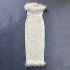 Feather Trim Strapless Midi Dress H5431