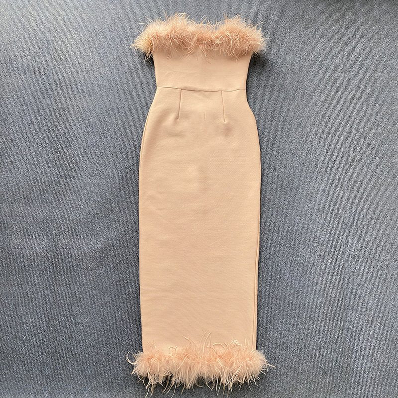Feather Trim Strapless Midi Dress H5431