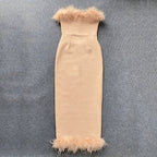 Feather Trim Strapless Midi Dress H5431