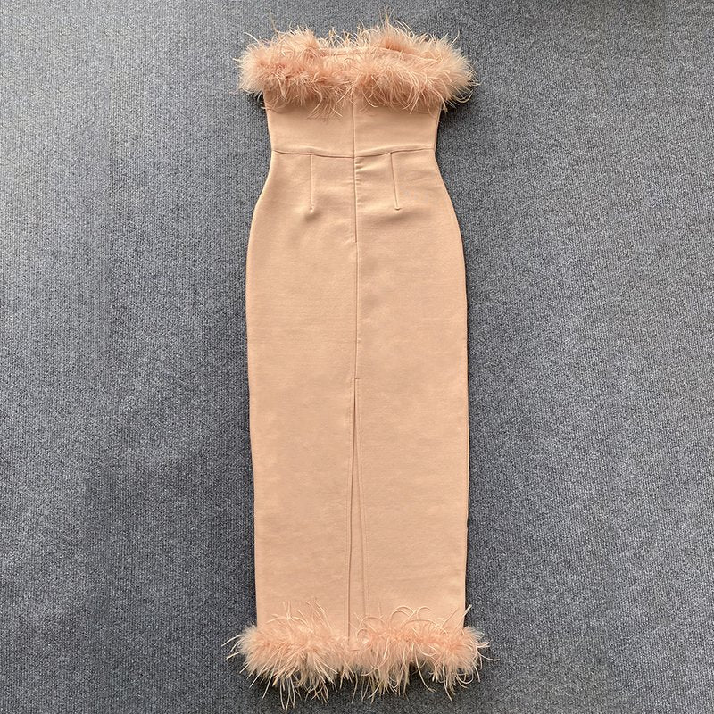 Feather Trim Strapless Midi Dress H5431