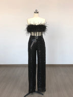 Feathered Off-Shoulder Sequin Jumpsuit H6419