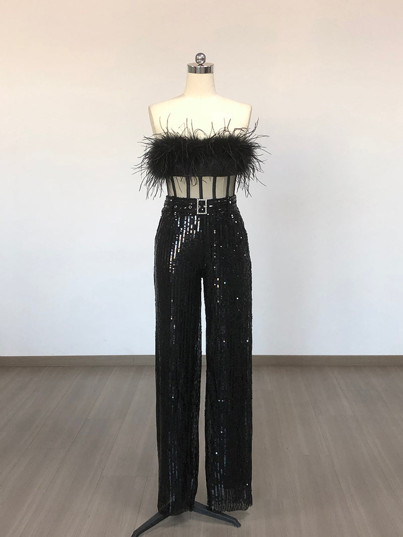 Feathered Off-Shoulder Sequin Jumpsuit H6419