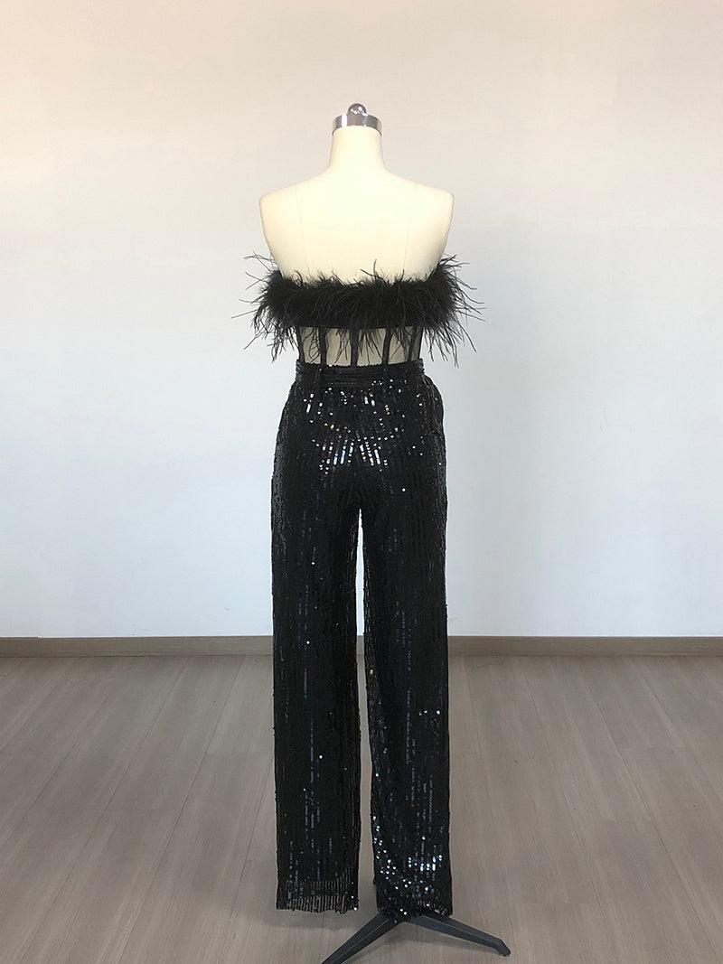 Feathered Off-Shoulder Sequin Jumpsuit H6419