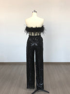 Feathered Off-Shoulder Sequin Jumpsuit H6419