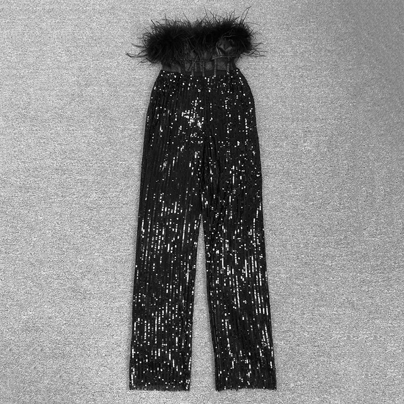 Feathered Off-Shoulder Sequin Jumpsuit H6419