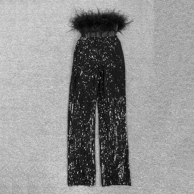 Feathered Off-Shoulder Sequin Jumpsuit H6419