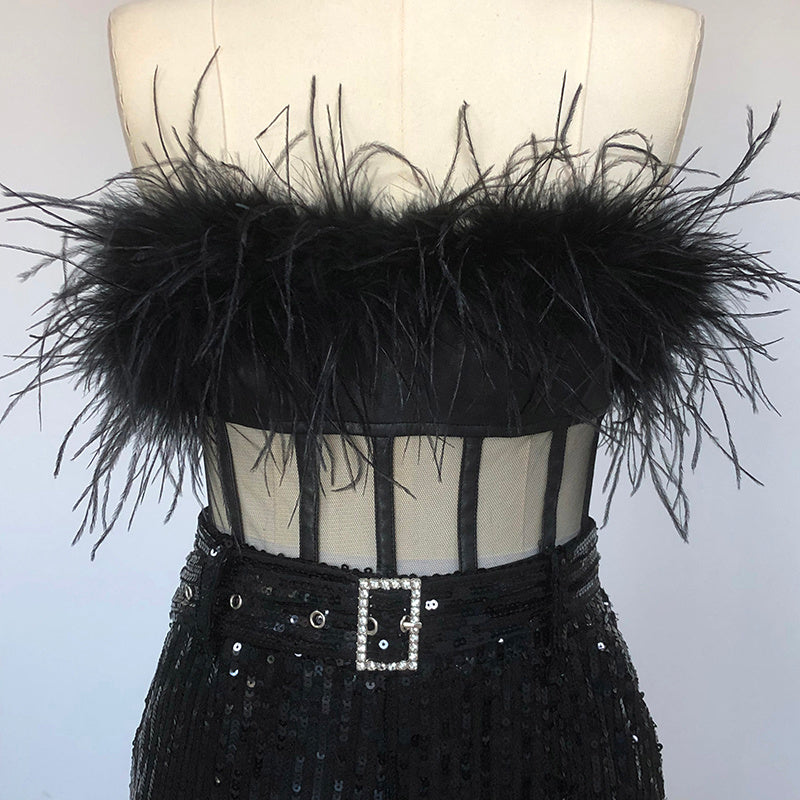 Feathered Off-Shoulder Sequin Jumpsuit H6419