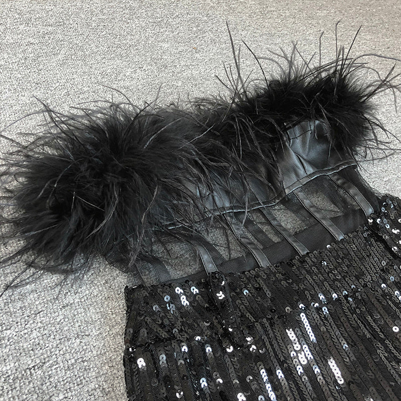 Feathered Off-Shoulder Sequin Jumpsuit H6419