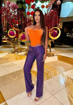 Feathered Orange Corset Top & Purple Sequin Pants Set H6071