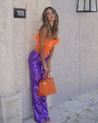 Feathered Orange Corset Top & Purple Sequin Pants Set H6071