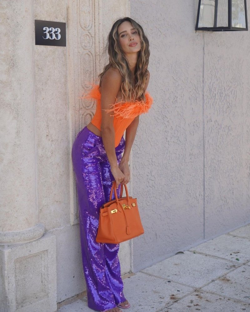 Feathered Orange Corset Top & Purple Sequin Pants Set H6071