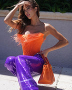 Feathered Orange Corset Top & Purple Sequin Pants Set H6071
