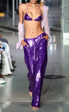Feathered Orange Corset Top & Purple Sequin Pants Set H6071