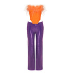 Feathered Orange Corset Top & Purple Sequin Pants Set H6071