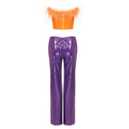 Feathered Orange Corset Top & Purple Sequin Pants Set H6071