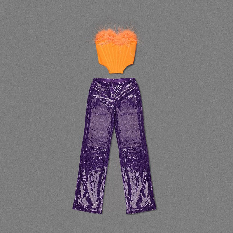 Feathered Orange Corset Top & Purple Sequin Pants Set H6071