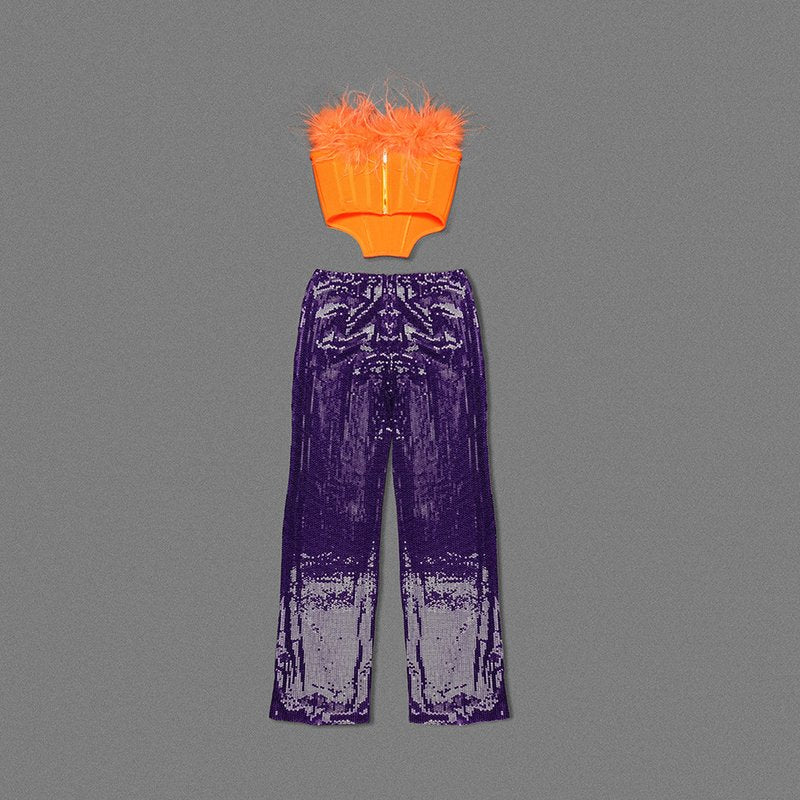Feathered Orange Corset Top & Purple Sequin Pants Set H6071