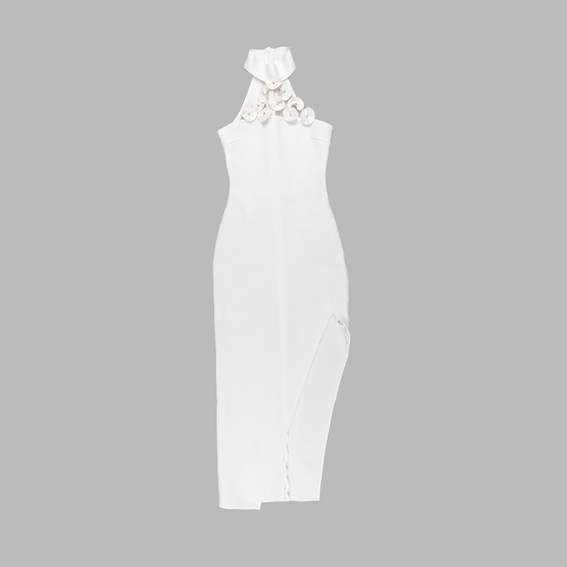 Floral Appliqué High-Neck Bandage Dress H5965