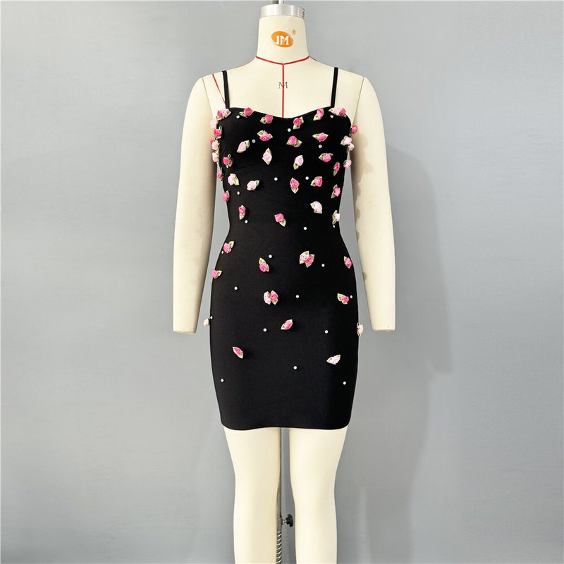 Floral Embellished Black Bodycon Dress H6811