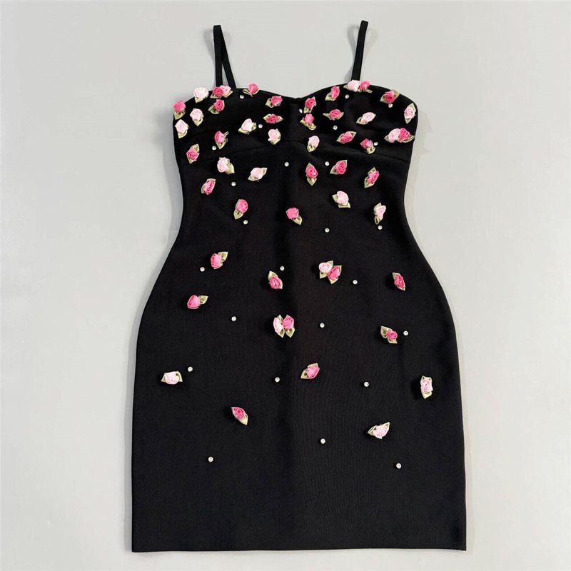 Floral Embellished Black Bodycon Dress H6811