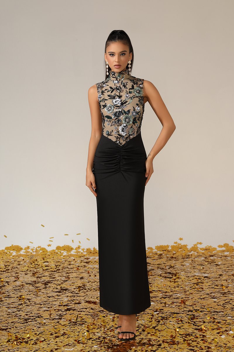 Floral Embroidered High Neck Maxi Dress H6889