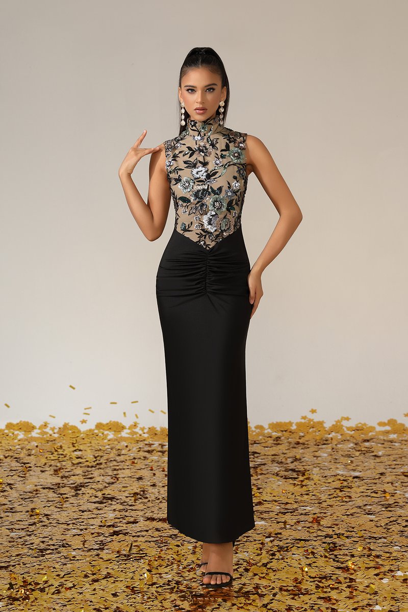 Floral Embroidered High Neck Maxi Dress H6889
