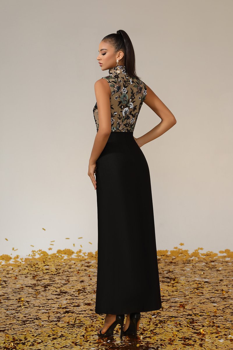 Floral Embroidered High Neck Maxi Dress H6889