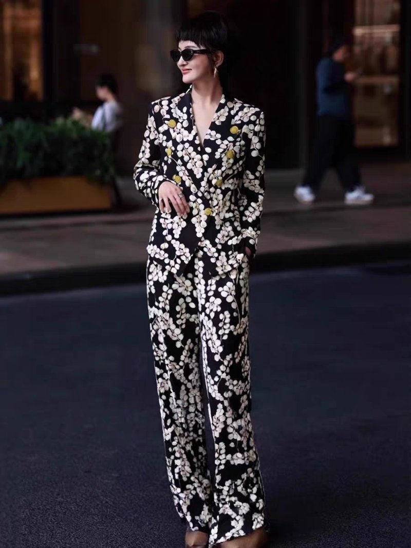 Floral Print Wide Leg Suit Set H6500