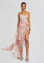 Floral Ruffle Asymmetrical Maxi Dress H6432