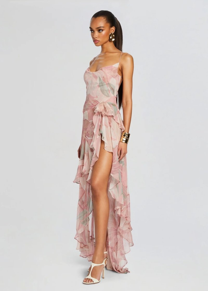 Floral Ruffle Asymmetrical Maxi Dress H6432