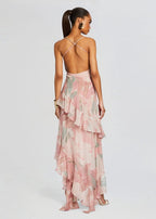 Floral Ruffle Asymmetrical Maxi Dress H6432