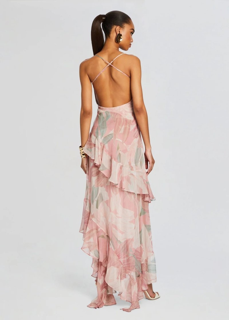 Floral Ruffle Asymmetrical Maxi Dress H6432