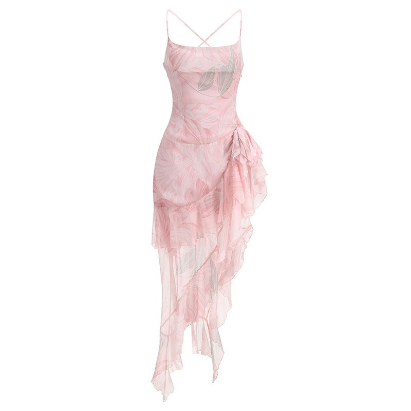 Floral Ruffle Asymmetrical Maxi Dress H6432
