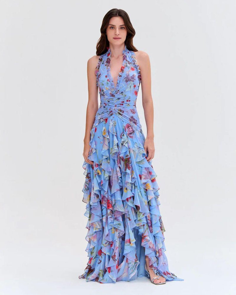 Floral Ruffle Halter Maxi Dress H6710
