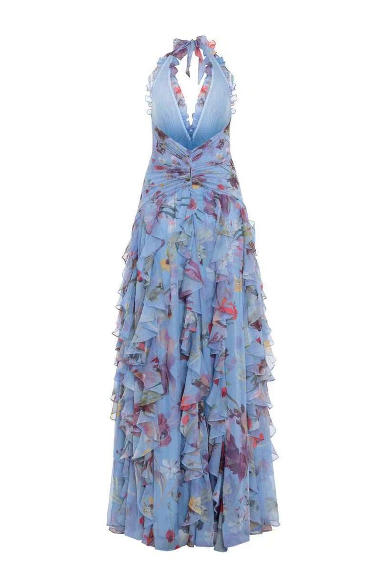 Floral Ruffle Halter Maxi Dress H6710